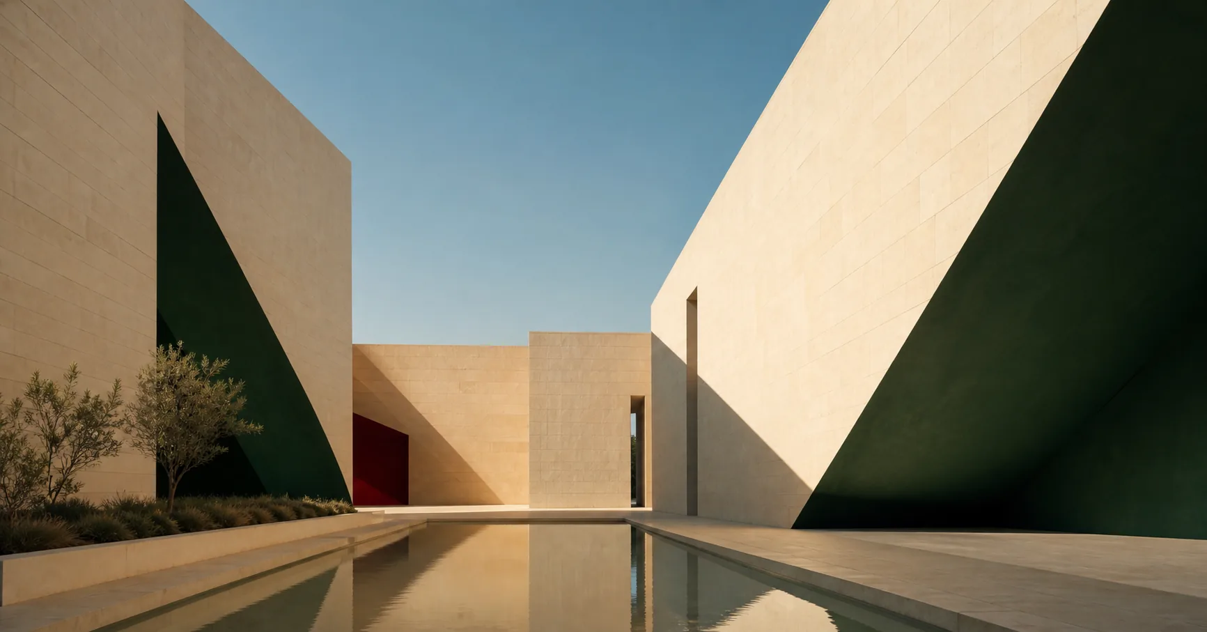 Contemporary ivory architecture with forest-green shadow planes, warm sunlight and blue sky.
