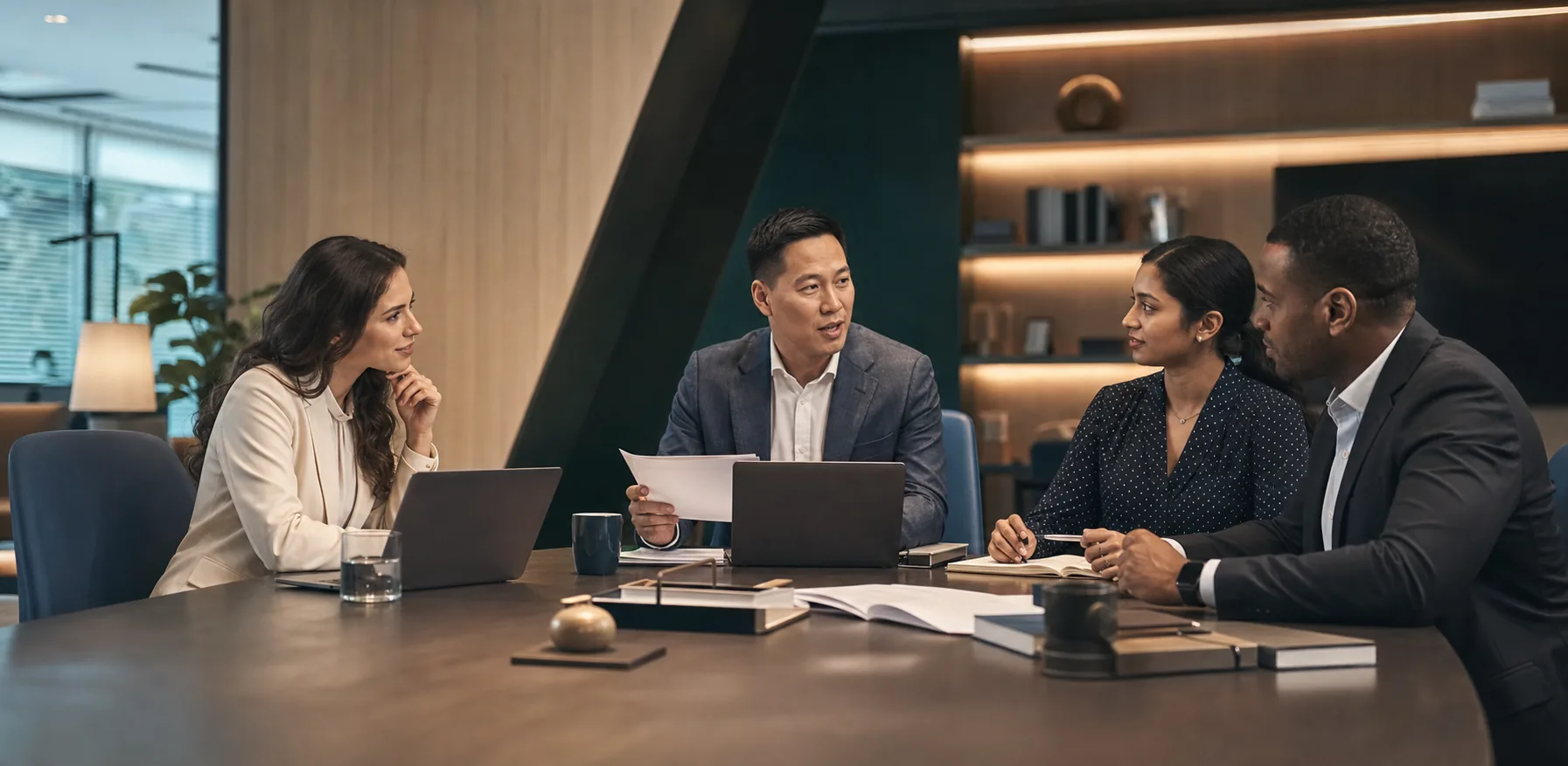 A diverse professional team in a natural discussion around a contemporary office table.