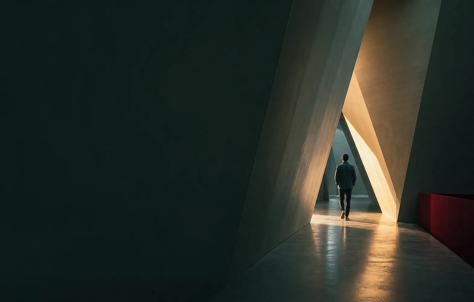 A person walking through a dramatic forest-green architectural passage illuminated by warm directional light.