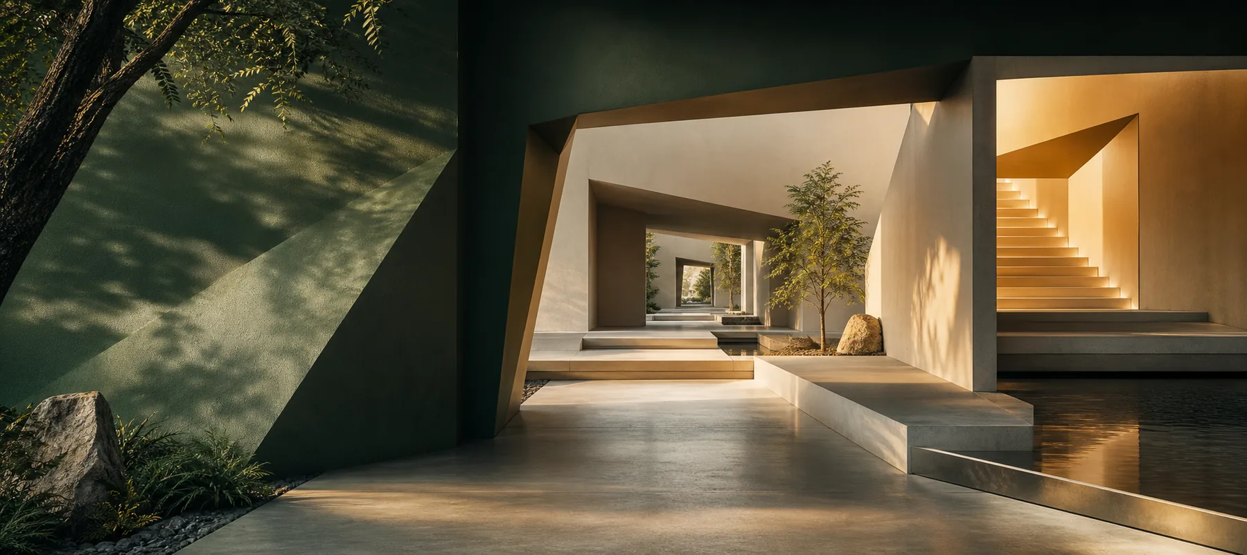 A sequence of connected architectural spaces linked by warm light and angular openings.
