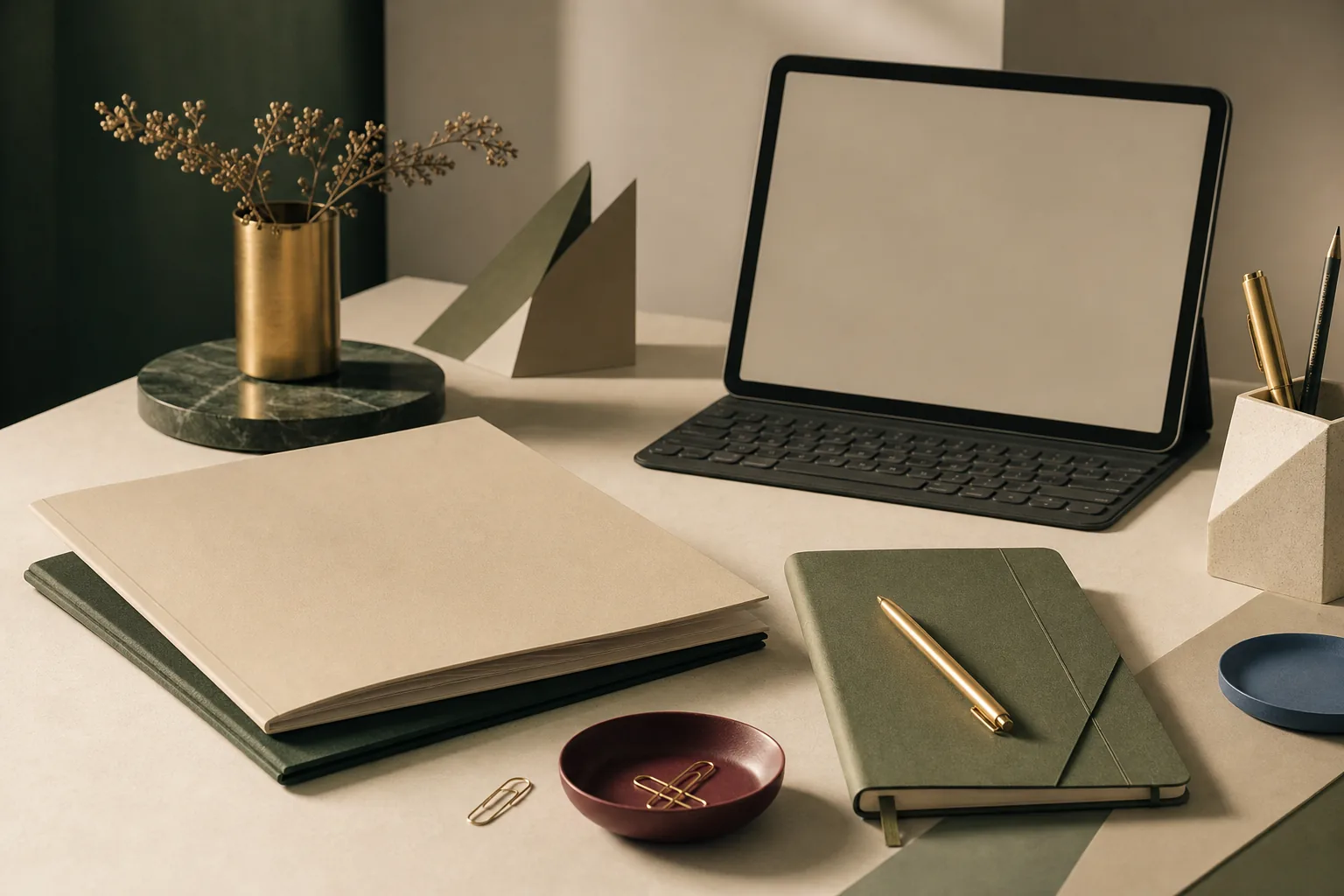 An organised ivory and green workspace with notebooks, a blank tablet and writing tools.