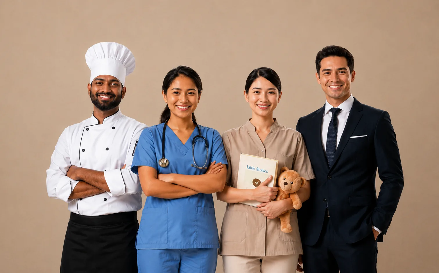 A diverse group of professionals in hospitality, healthcare, childcare and business standing together against a warm neutral background.